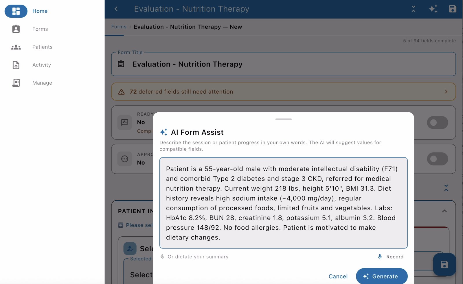 EMRFlow AI Form Assist pre-filling a Nutrition Therapy evaluation