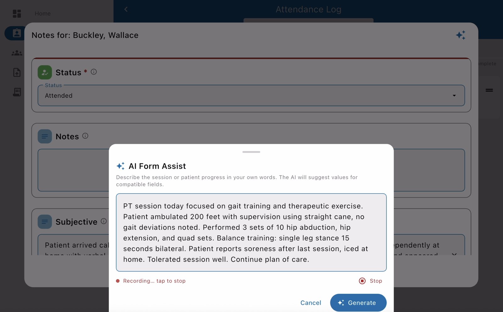 EMRFlow AI Voice Dictation recording a PT session note