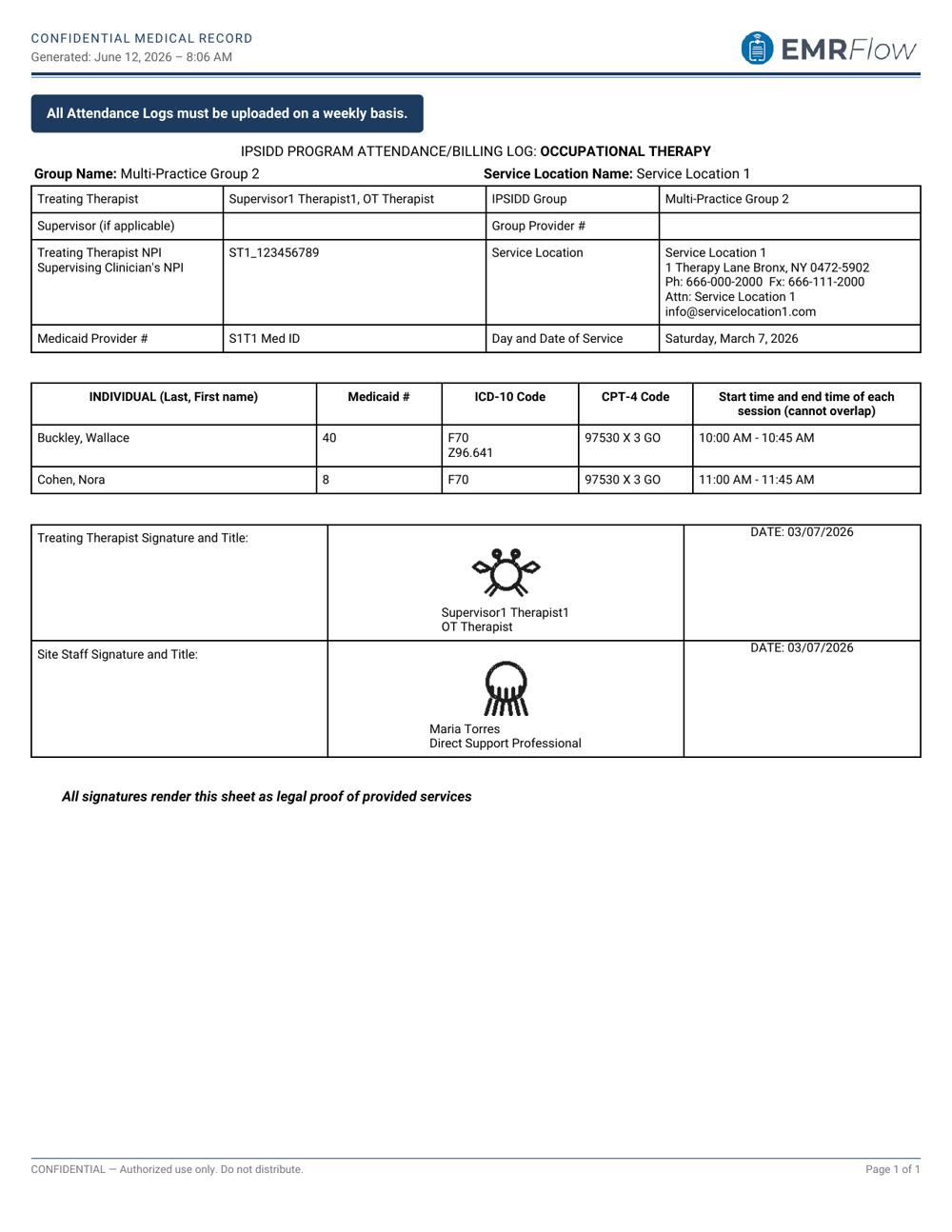 EMRFlow insurance-ready attendance log with structured fields and captured signatures